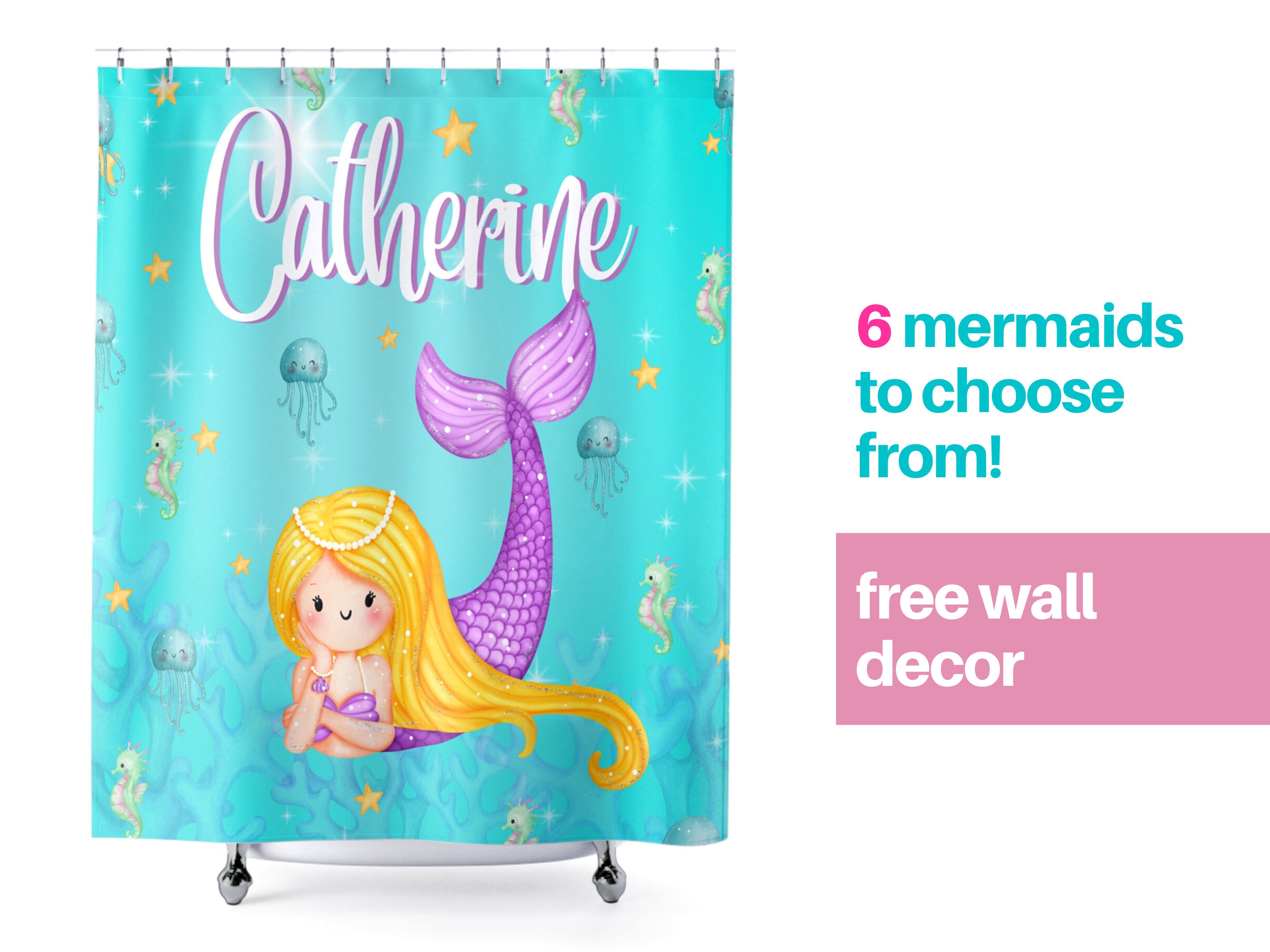 Turquoise Black Mermaid Bathroom Decor Shower Curtain for Little Girl's Bathroom