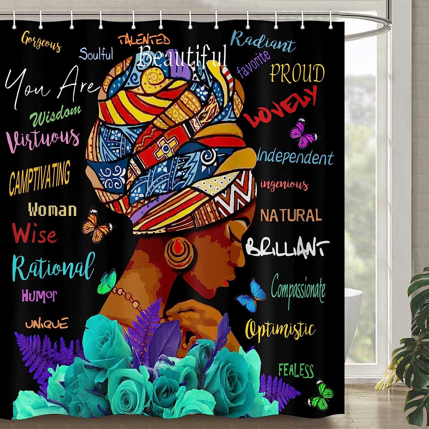Turquoise Blue Rose African American Shower Curtain