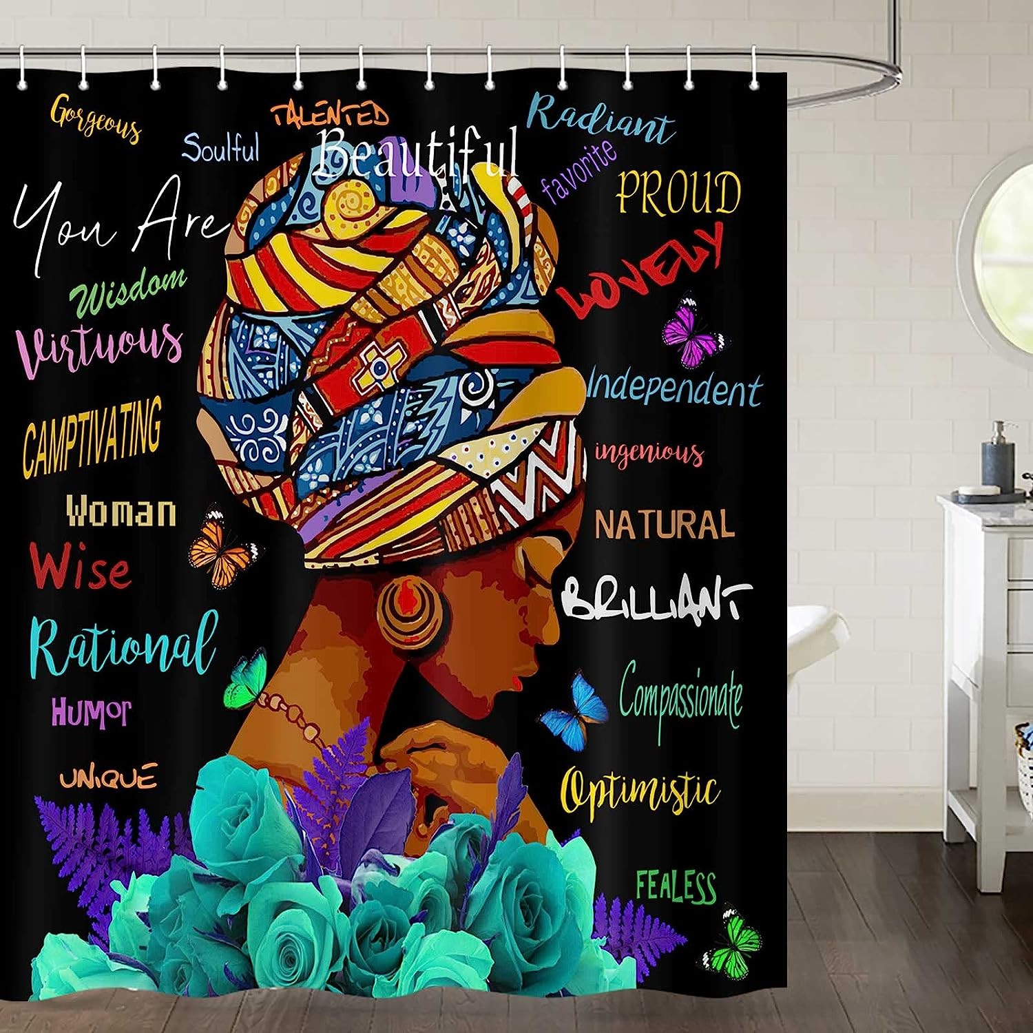 Turquoise Blue Rose African American Shower Curtain - Image 2