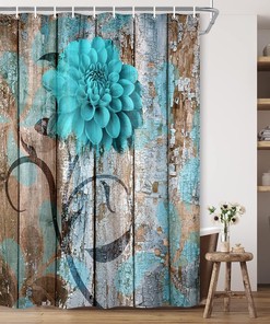 Turquoise Blue Rustic Flower Shower Curtain with Teal Dahlia and Barn Wood Print