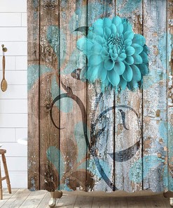 Turquoise Blue Rustic Flower Shower Curtain with Teal Dahlia and Barn Wood Print