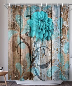Turquoise Blue Rustic Flower Shower Curtain with Teal Dahlia and Barn Wood Print