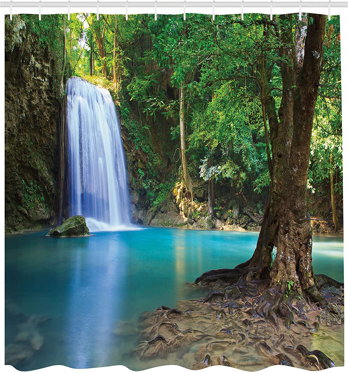 Turquoise Blue Waterfall Asia Thailand Jungle Tropic Plants Trees Shower Curtain, Cloth Fabric Bathroom Decor - Image 2