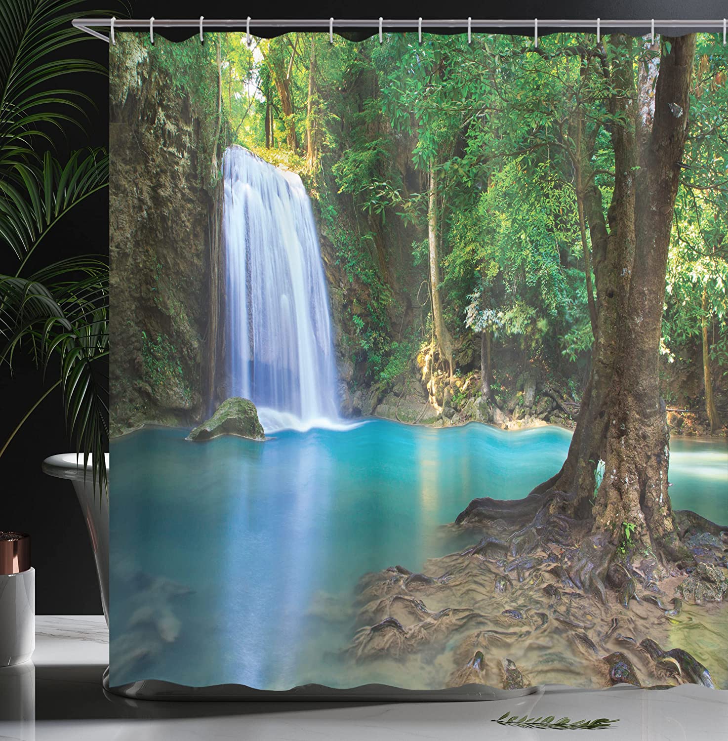 Turquoise Blue Waterfall Asia Thailand Jungle Tropic Plants Trees Shower Curtain, Cloth Fabric Bathroom Decor - Image 3