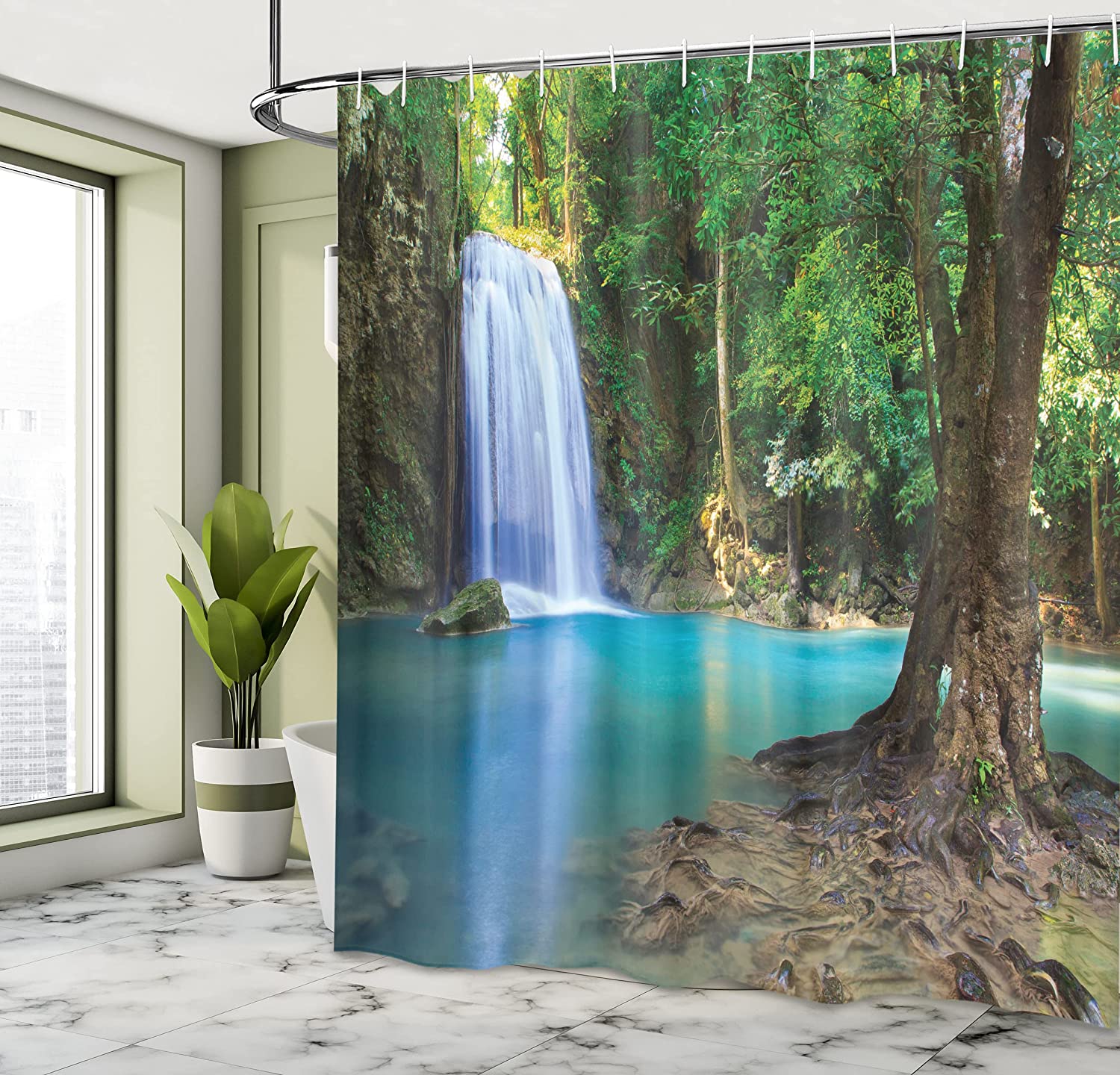 Turquoise Blue Waterfall Asia Thailand Jungle Tropic Plants Trees Shower Curtain, Cloth Fabric Bathroom Decor - Image 4