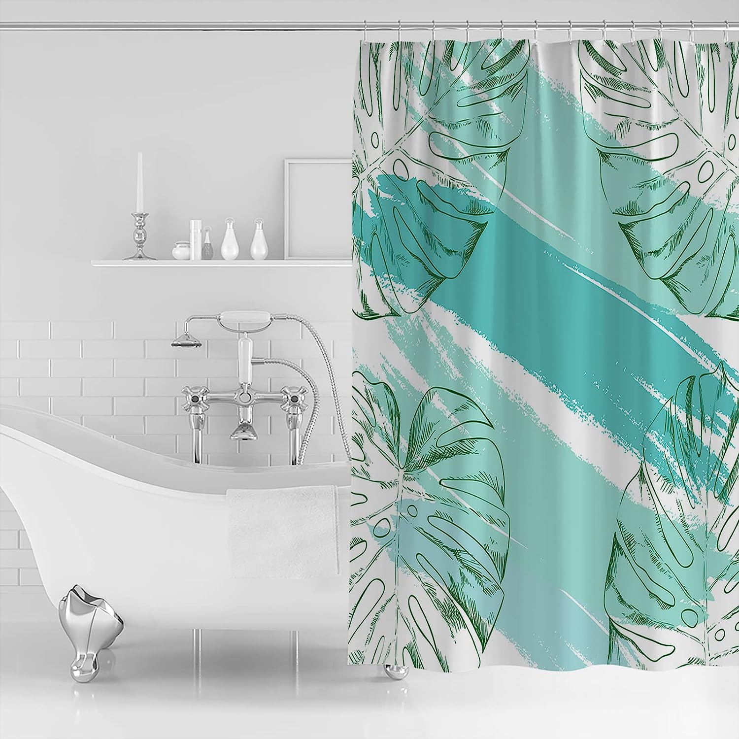 Turquoise Leaves Watercolor Shower Curtain for a Refreshing Bathroom