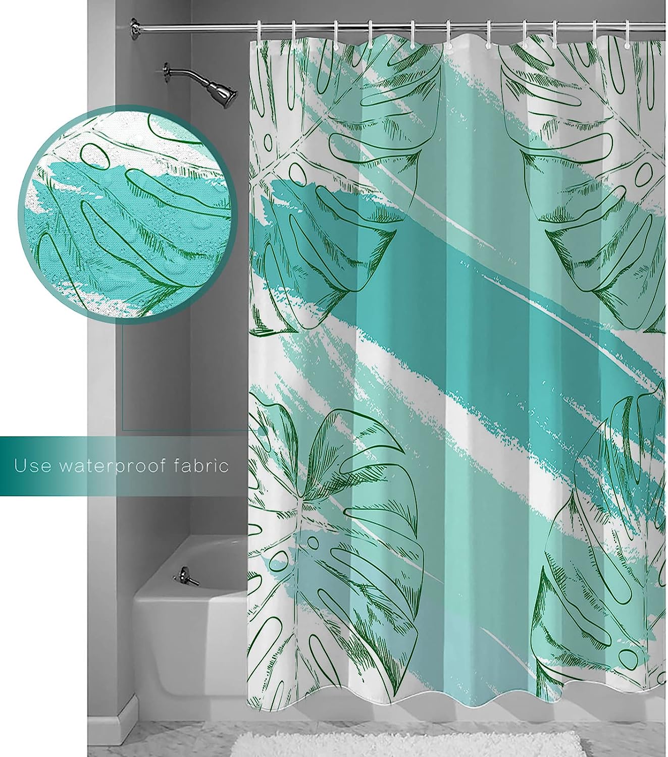 Turquoise Leaves Watercolor Shower Curtain for a Refreshing Bathroom