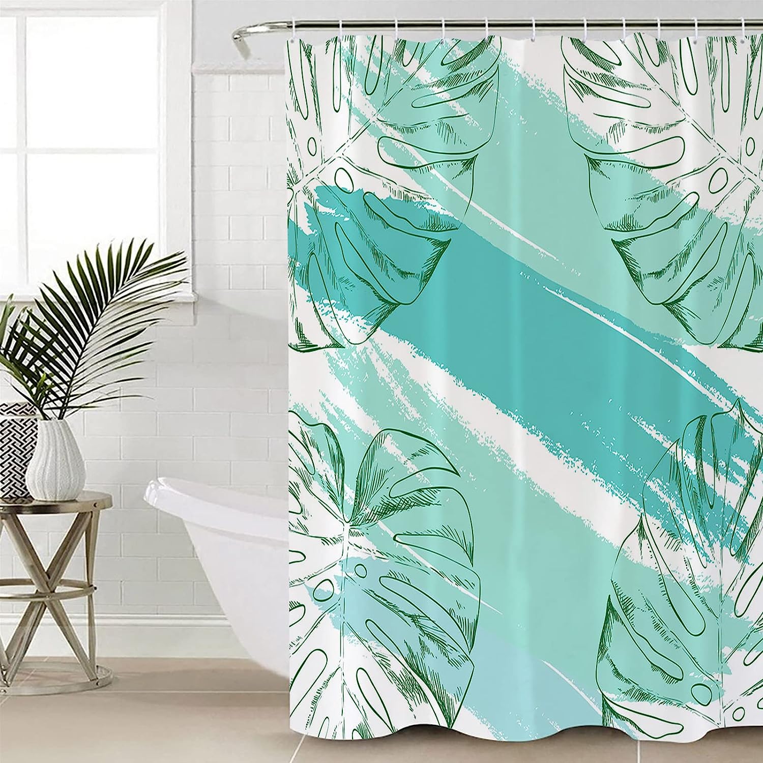 Turquoise Leaves Watercolor Shower Curtain for a Refreshing Bathroom