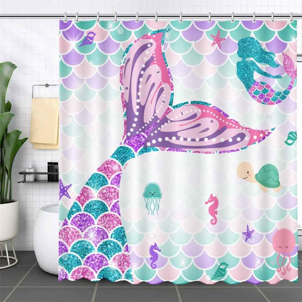 Turquoise Mermaid Scales Shower Curtain - Bathroom Decoration Summer Under the Sea Ocean Girl Home Bath Waterproof Decor