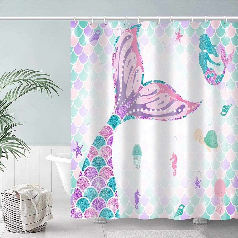 Turquoise Mermaid Scales Shower Curtain - Bathroom Decoration Summer Under the Sea Ocean Girl Home Bath Waterproof Decor