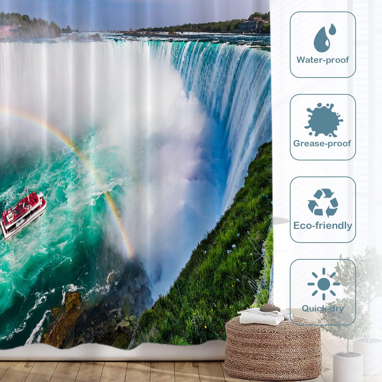 Turquoise Natural Waterfall Print Shower Curtain For Bathroom Decor - Image 3