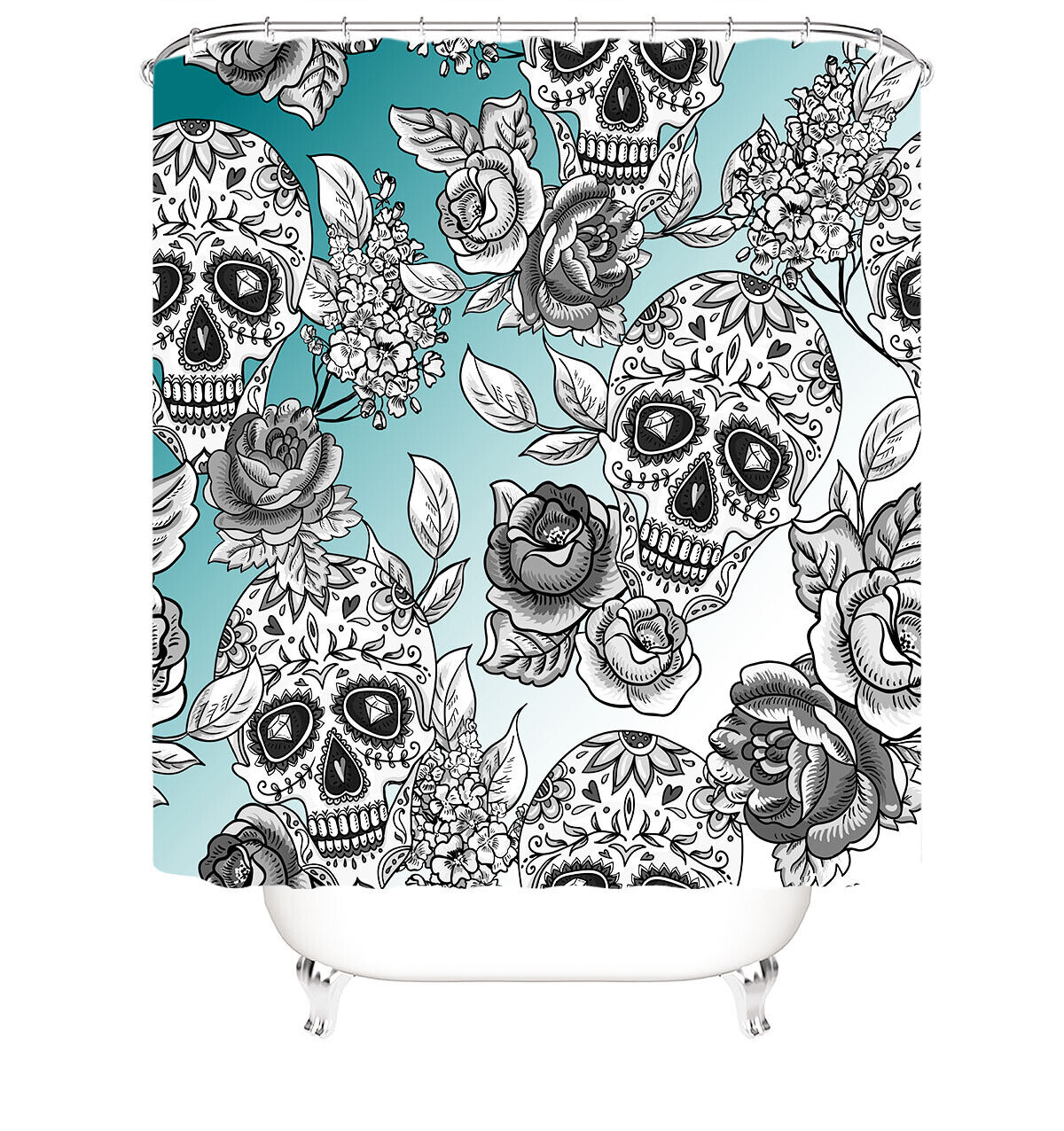 Turquoise Skull Print Shower Curtain for a Pop of Color and Edge in Your Bathroom