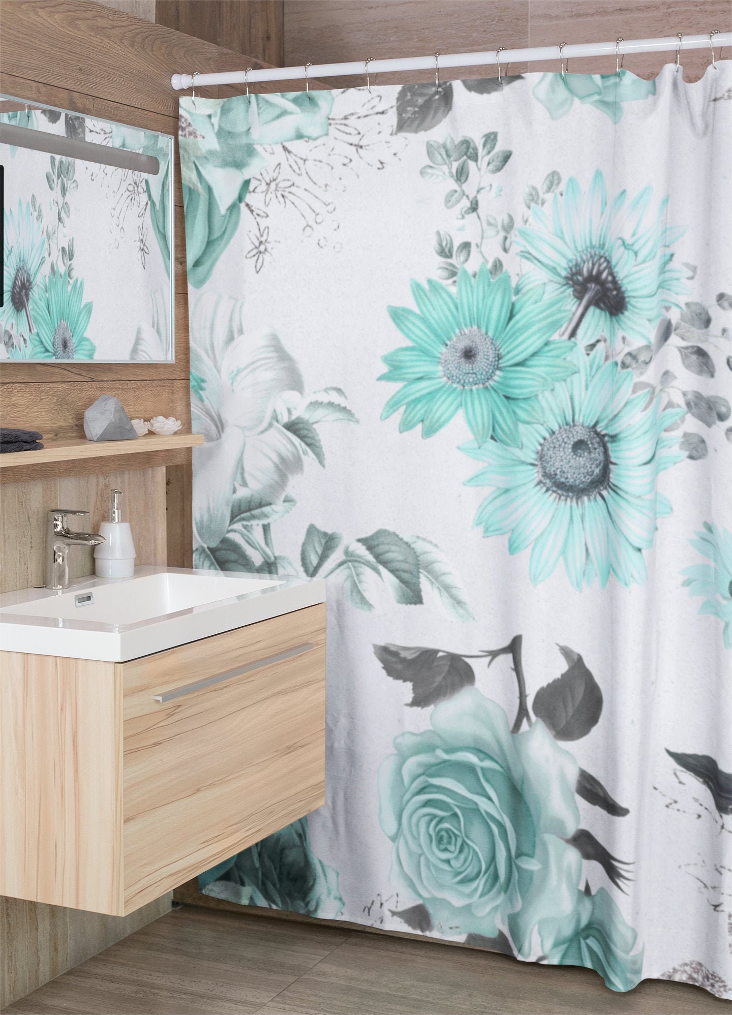 Turquoise Sunflower Floral Shower Curtain for a Sunny Bathroom Refresh
