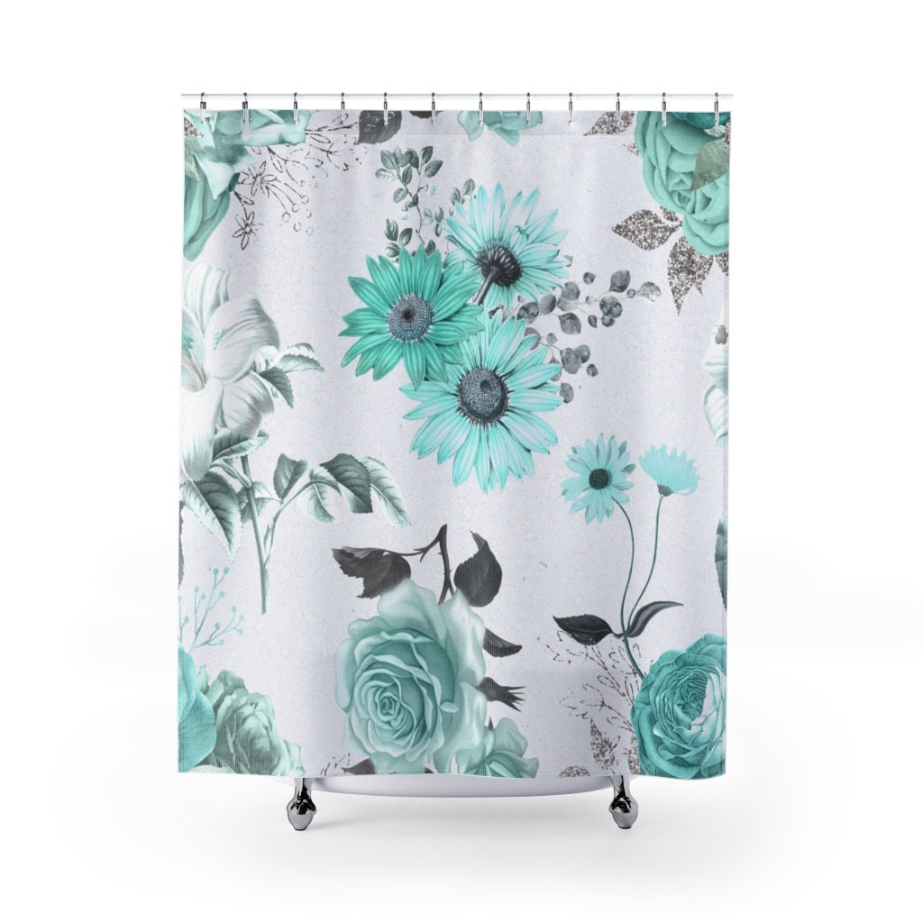 Turquoise Sunflower Floral Shower Curtain for a Sunny Bathroom Refresh