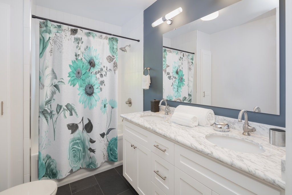 Turquoise Sunflower Floral Shower Curtain for a Sunny Bathroom Refresh