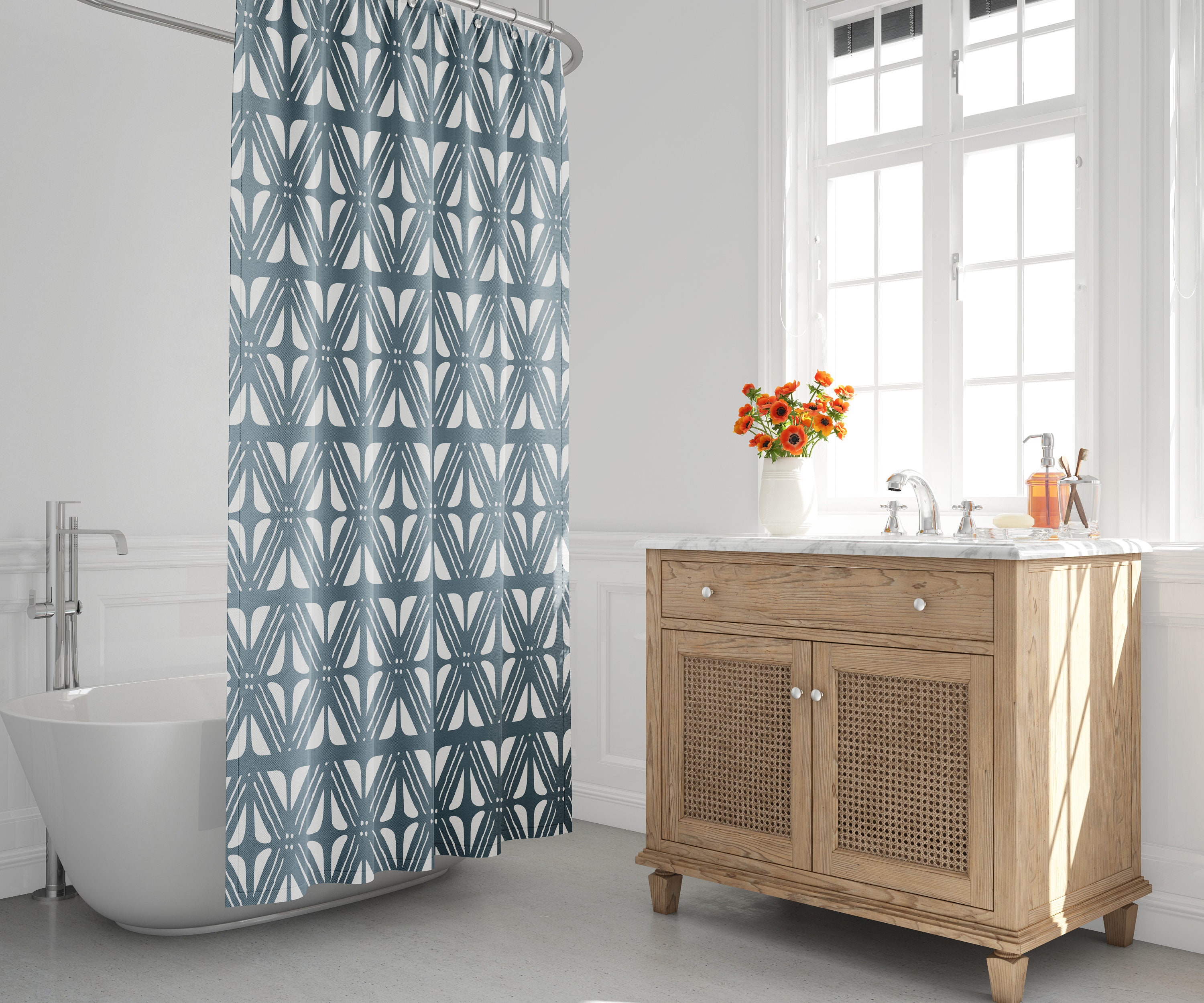 Turquoise & White Boho Mud Cloth Shower Curtain for a Bohemian Vibe
