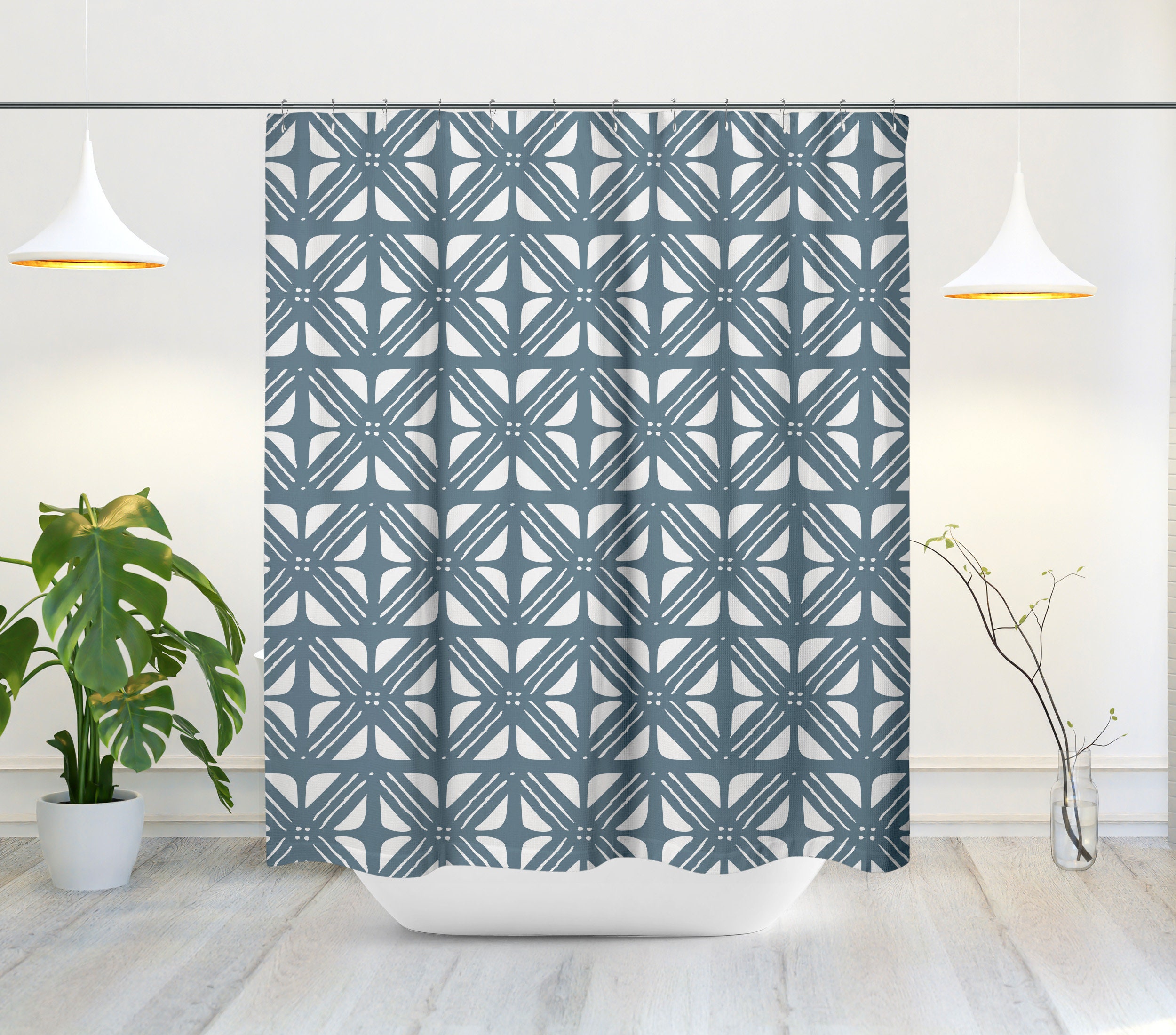 Turquoise & White Boho Mud Cloth Shower Curtain for a Bohemian Vibe