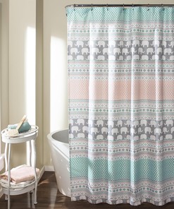 Turquoise and Pink Elephant Stripe Shower Curtain with a Geometric Animal Print Design on Cloth Fabric for the Bathroom