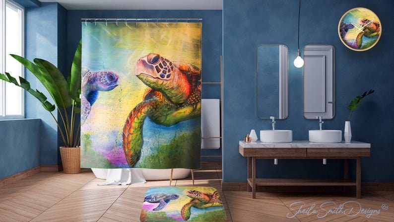 Turtle Coastal Tropical Design Shower Curtain - Add A Touch Of The Sea To Your Bathroom Decor