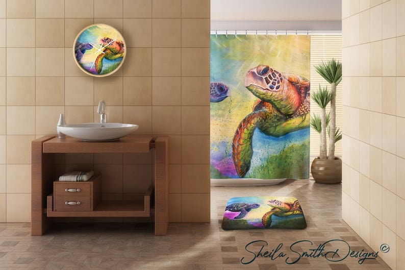 Turtle Coastal Tropical Design Shower Curtain - Add A Touch Of The Sea To Your Bathroom Decor - Image 3