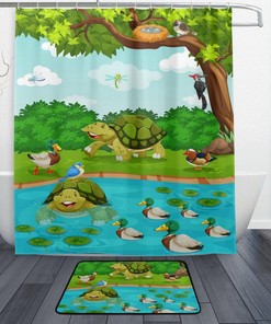 Turtle Duck Tree River Cartoon Restroom Shower Curtains, Waterproof Fabric