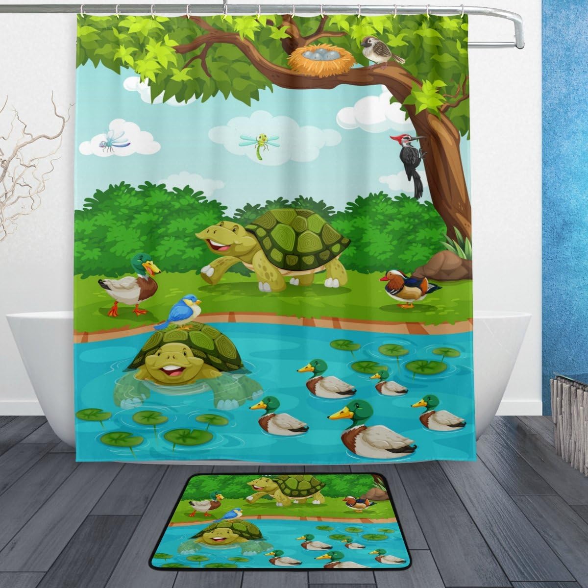 Turtle Duck Tree River Cartoon Restroom Shower Curtains, Waterproof Fabric