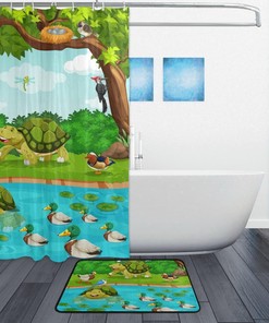 Turtle Duck Tree River Cartoon Restroom Shower Curtains, Waterproof Fabric