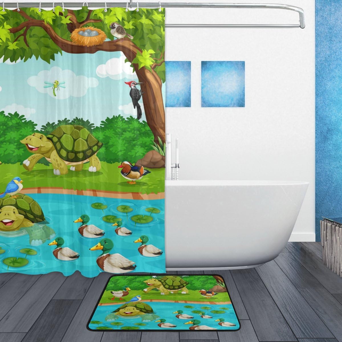 Turtle Duck Tree River Cartoon Restroom Shower Curtains, Waterproof Fabric