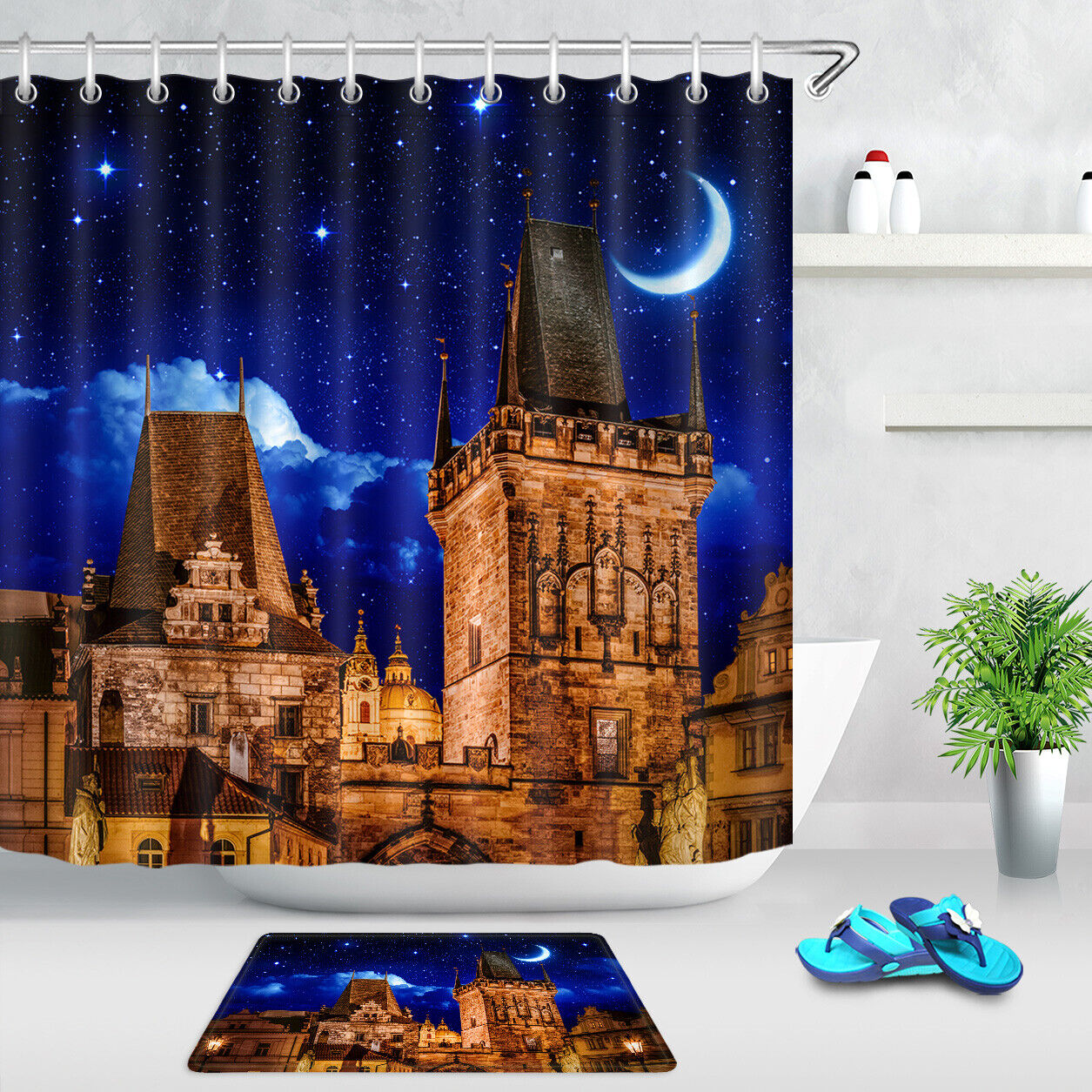 Turtle Elephant Flat Earth Shower Curtain with Starry Sky Design