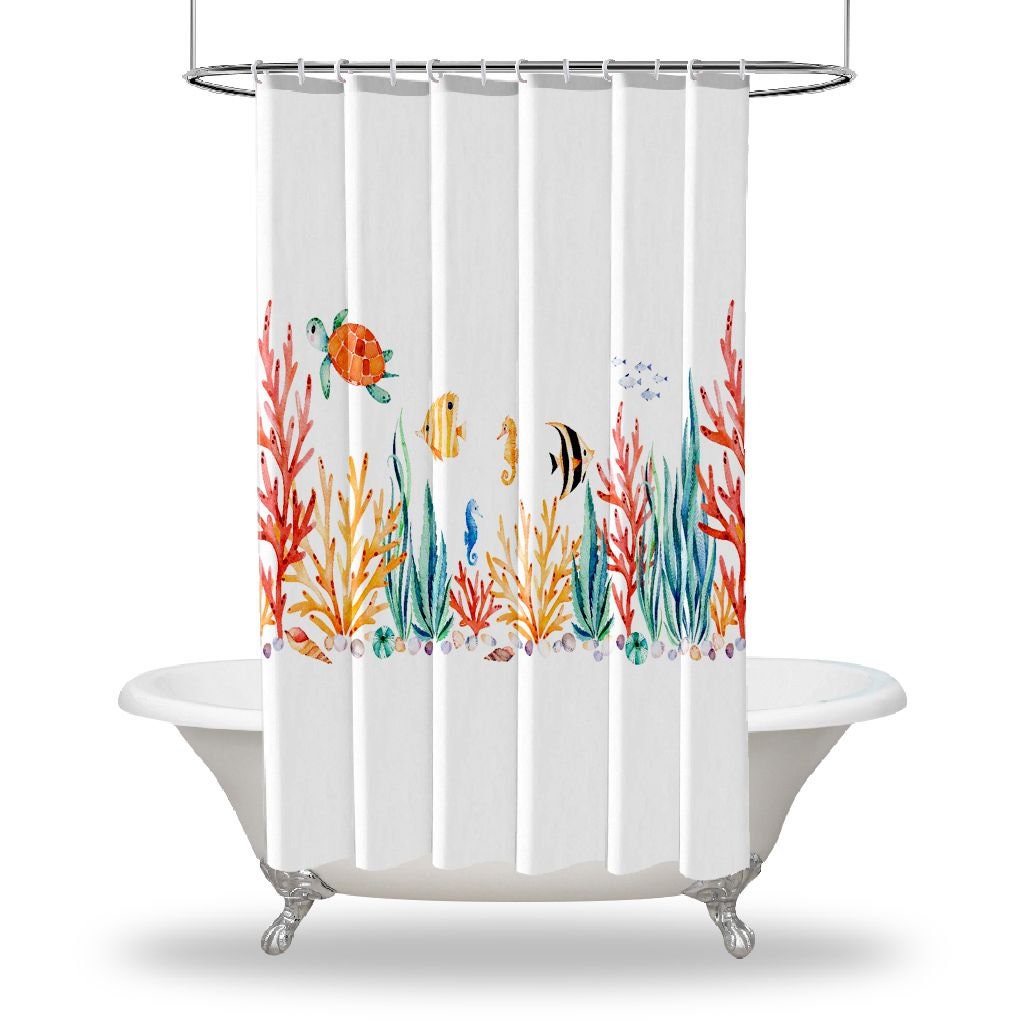 Turtle Seaweed Sea Life Printed Shower Curtain - Waterproof Bathroom Decor