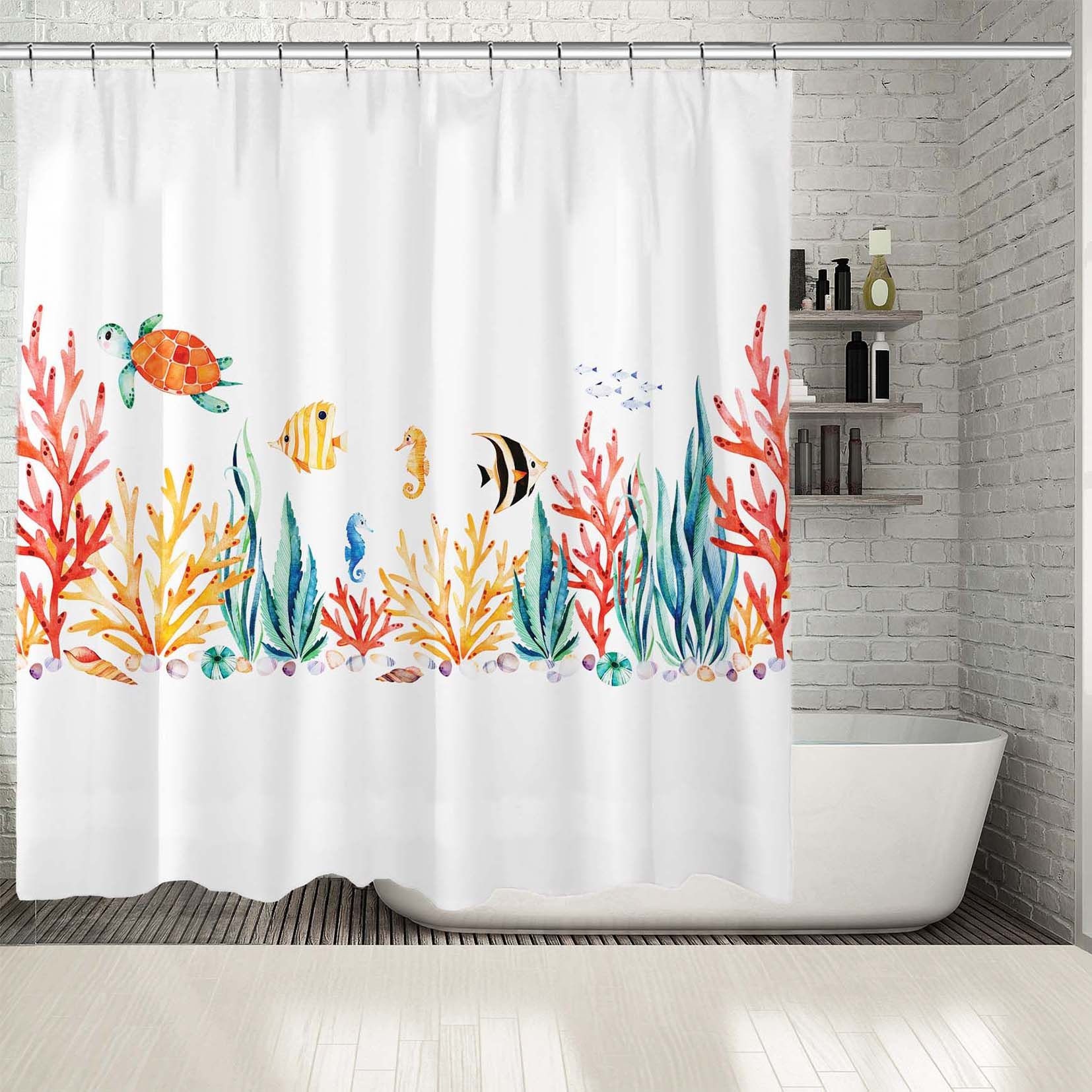 Turtle Seaweed Sea Life Printed Shower Curtain - Waterproof Bathroom Decor