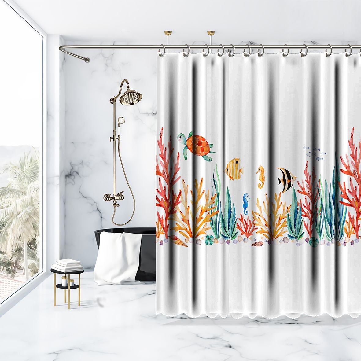 Turtle Seaweed Sea Life Printed Shower Curtain - Waterproof Bathroom Decor
