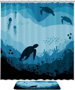 Turtle Underwater Blue Bathroom Accessories Set With Waterproof Fabric Shower Curtain And Mat