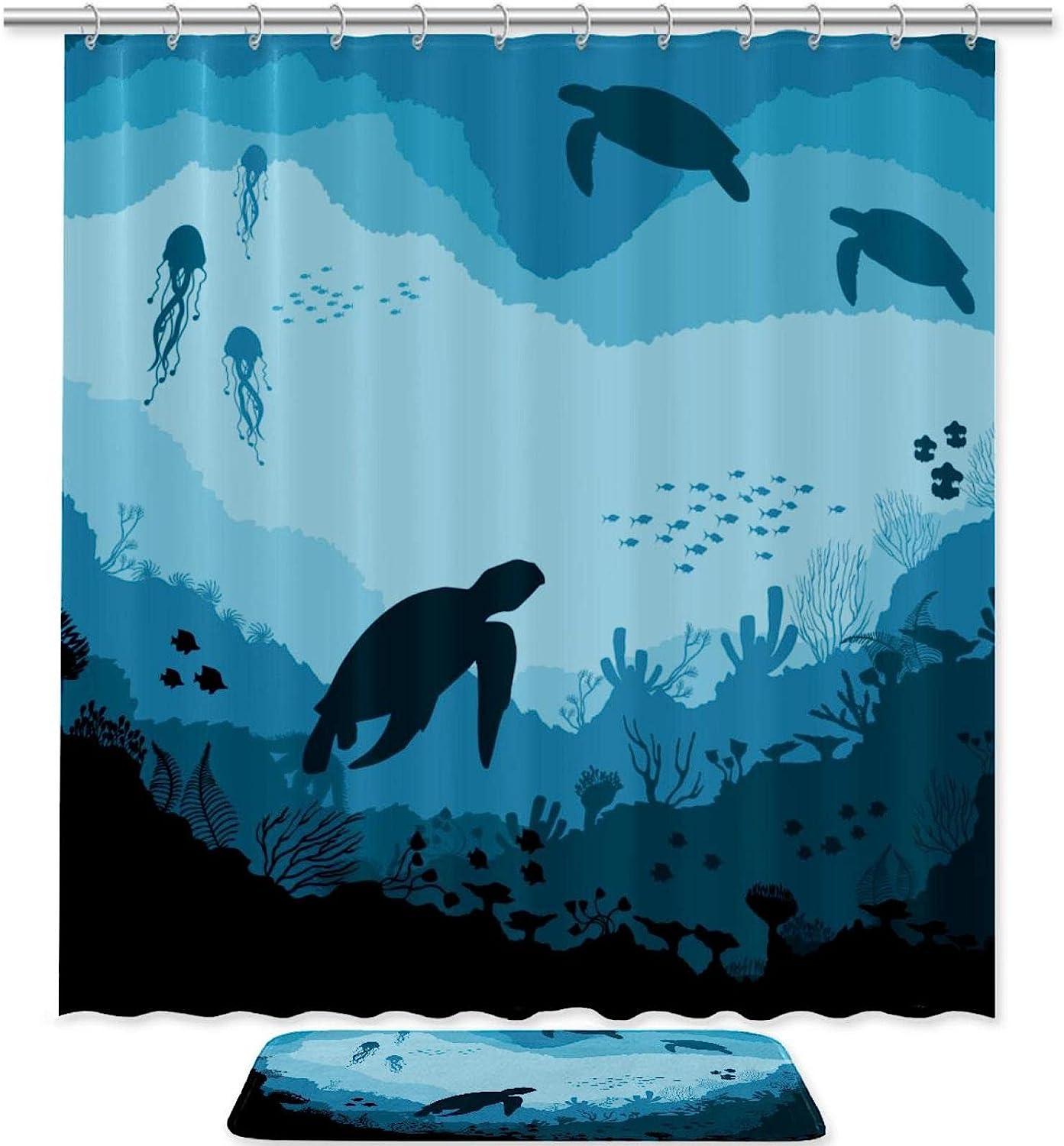 Turtle Underwater Blue Bathroom Accessories Set With Waterproof Fabric Shower Curtain And Mat