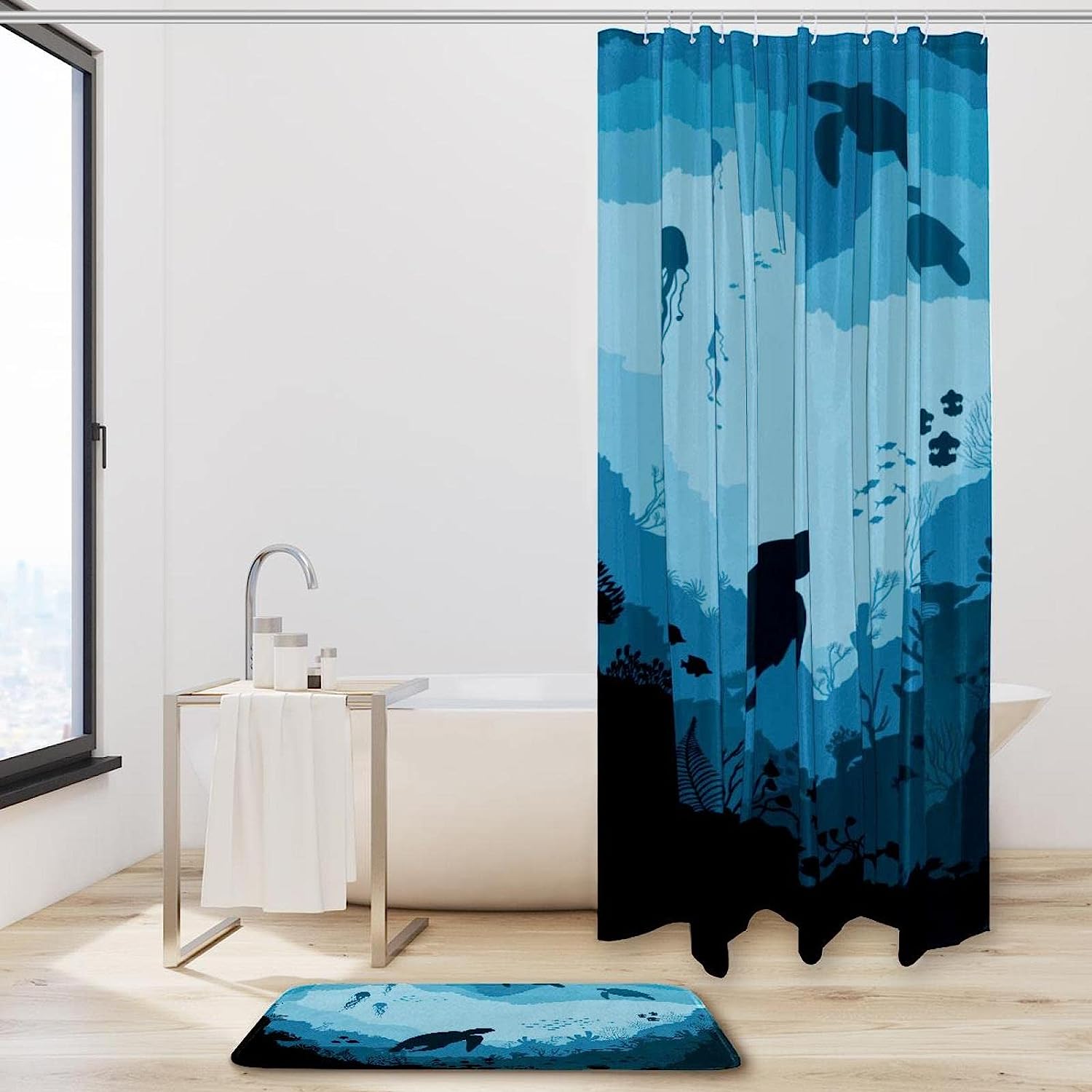 Turtle Underwater Blue Bathroom Accessories Set With Waterproof Fabric Shower Curtain And Mat - Image 2