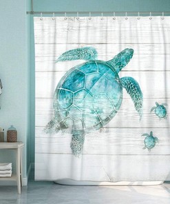 Turtle and Teal Sea Print Shower Curtain - Waterproof Bathroom Accessories