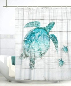 Turtle and Teal Sea Print Shower Curtain - Waterproof Bathroom Accessories