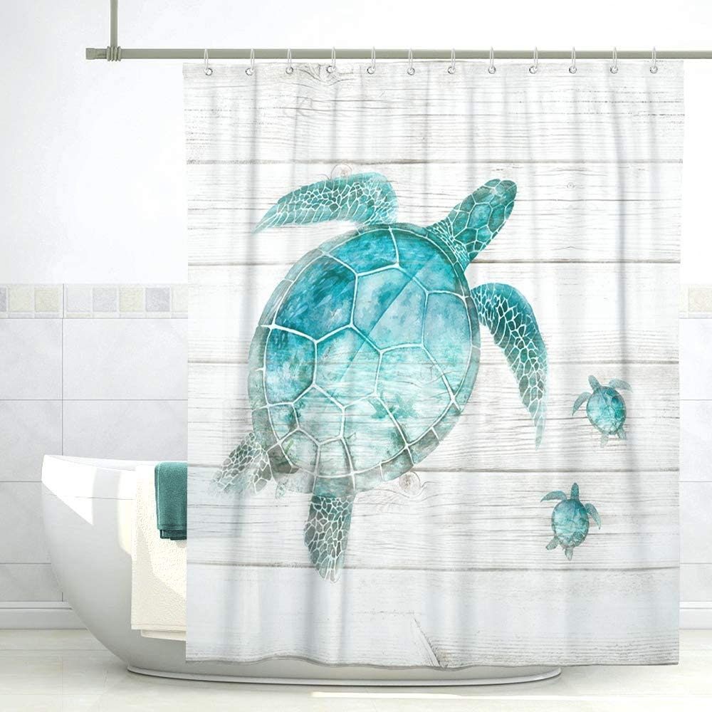 Turtle and Teal Sea Print Shower Curtain - Waterproof Bathroom Accessories
