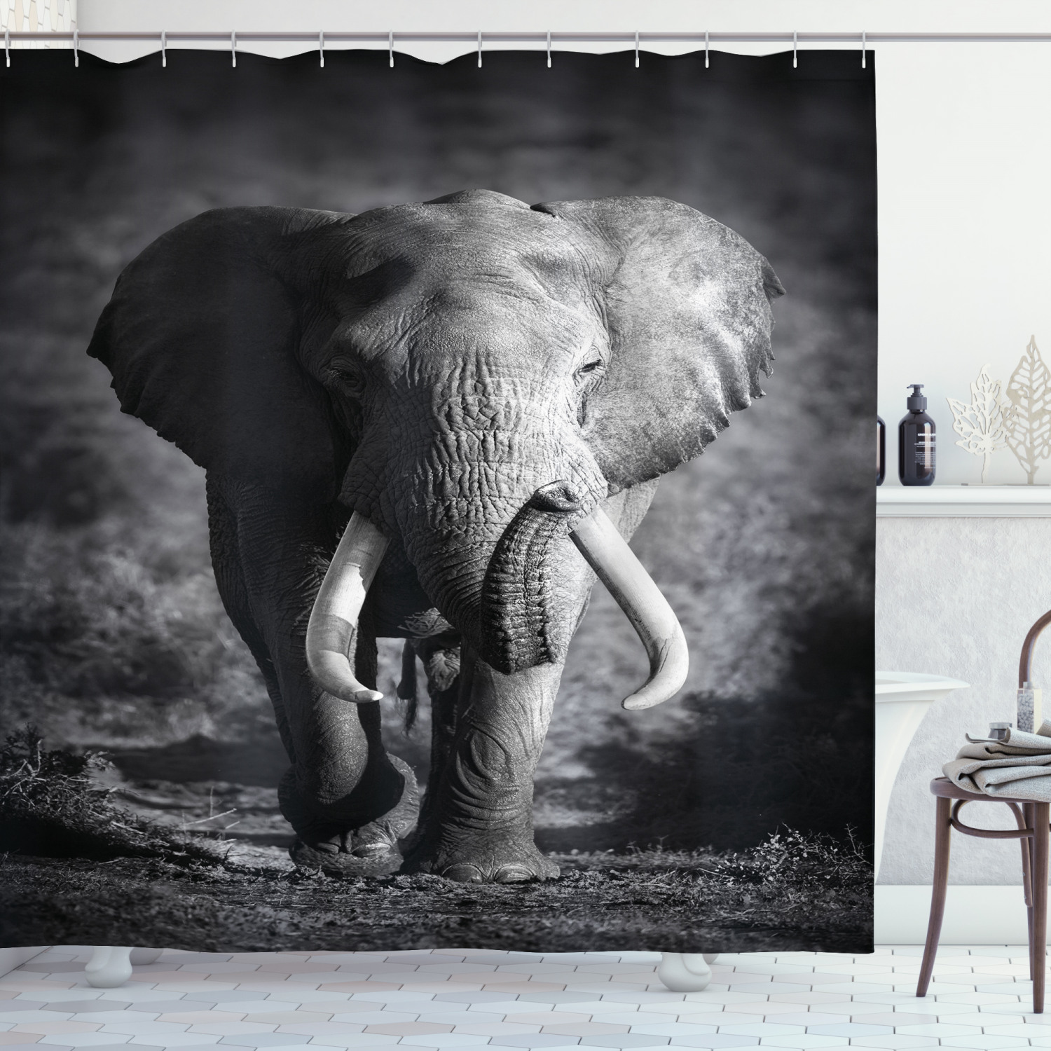 Tusked Elephant Grey Shower Curtain With A Wildlife Print