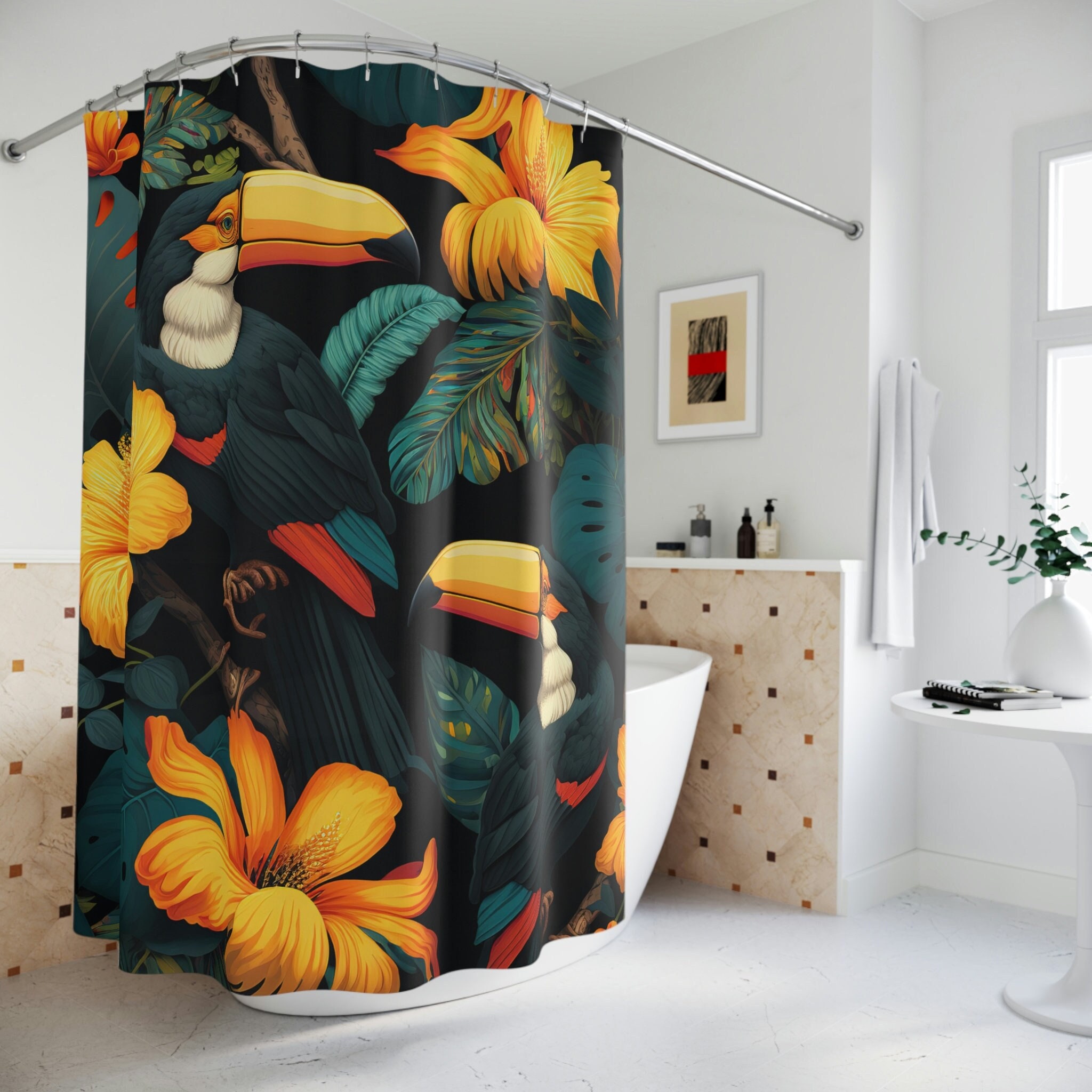 Twee Toekanvogels Shower Curtain with Blooming Flowers