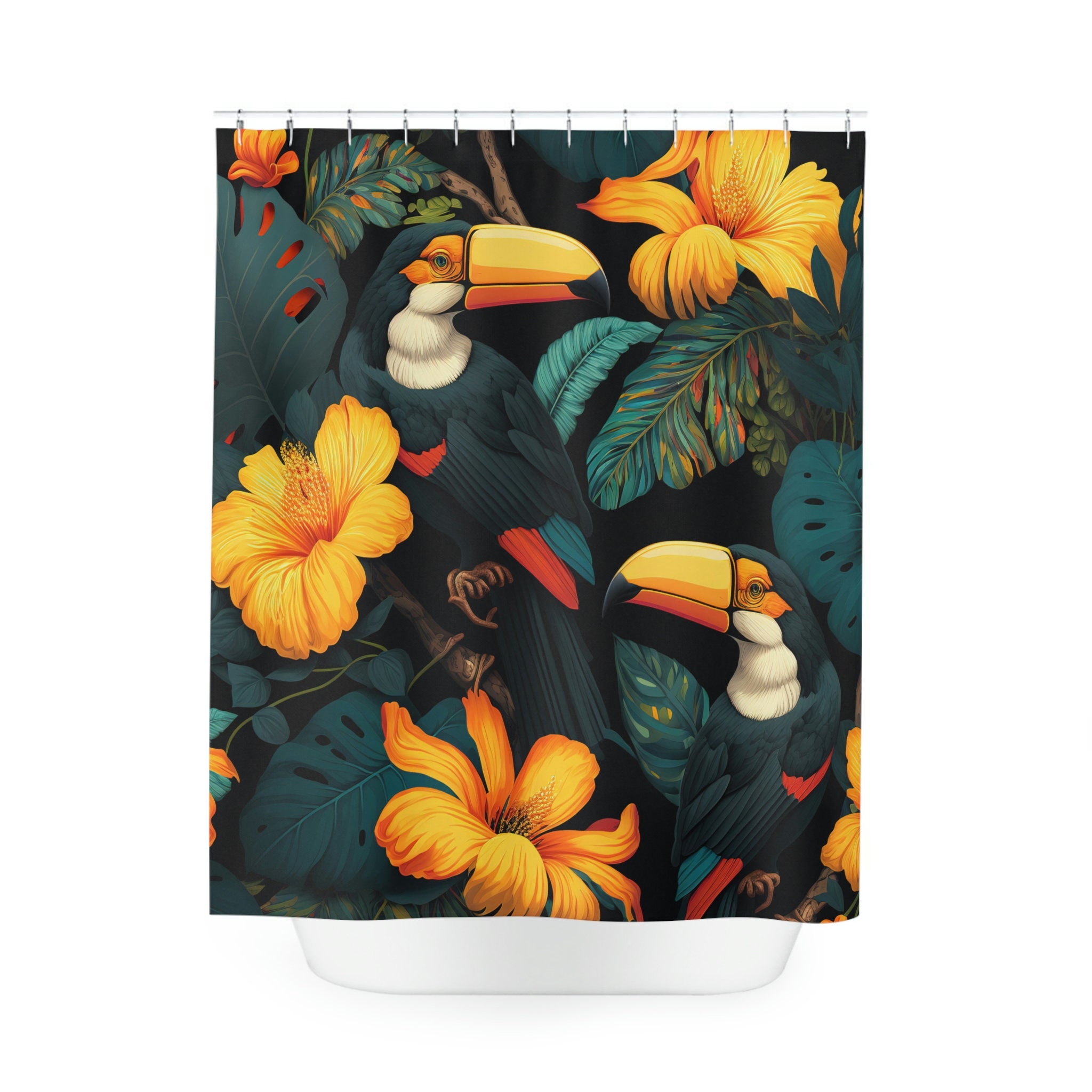 Twee Toekanvogels Shower Curtain with Blooming Flowers