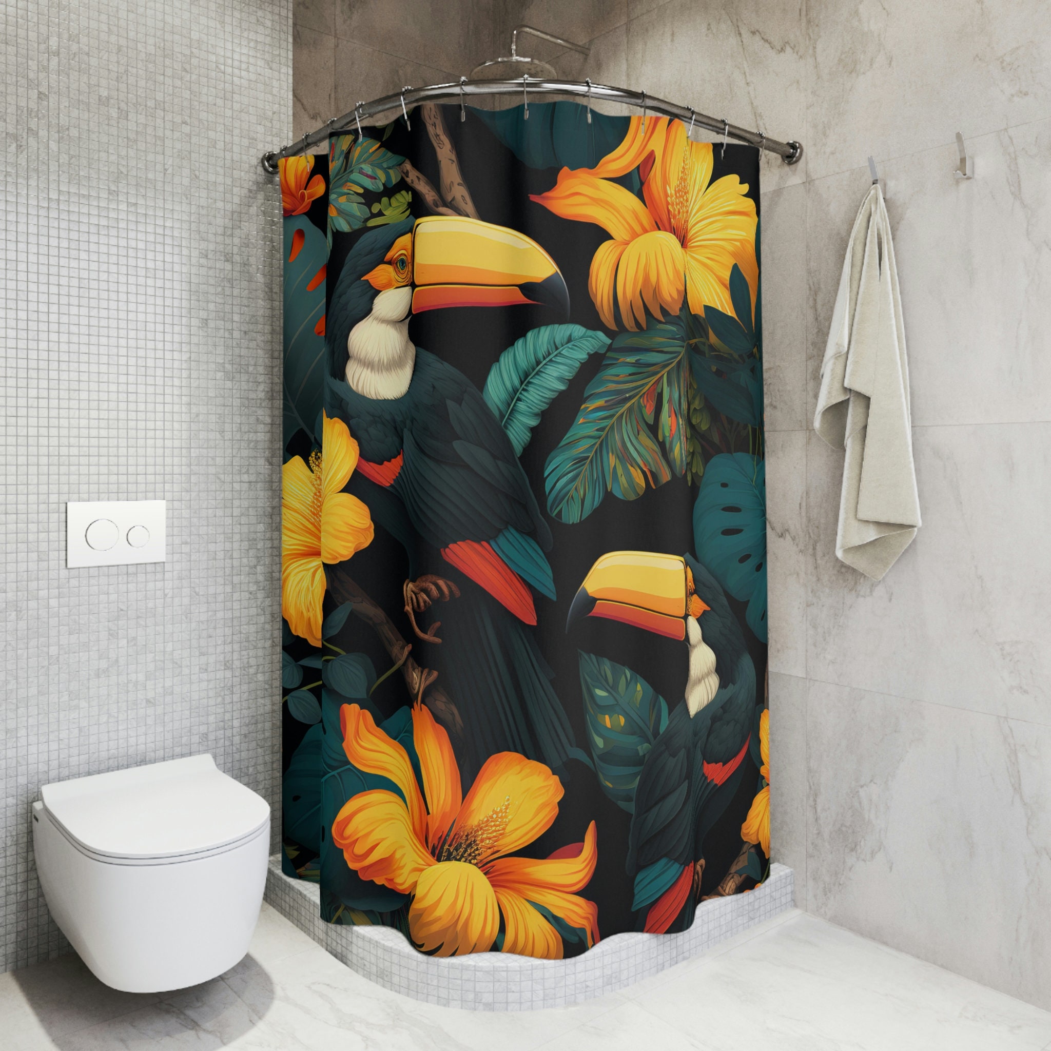 Twee Toekanvogels Shower Curtain with Blooming Flowers