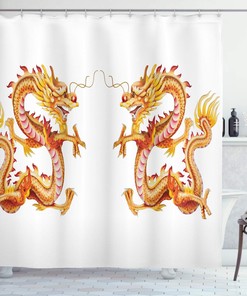 Twin Dragon Zodiac Statues Art Chinese Philosophy Shower Curtain - Vermilion Yellow, Cloth Fabric Bathroom Decors