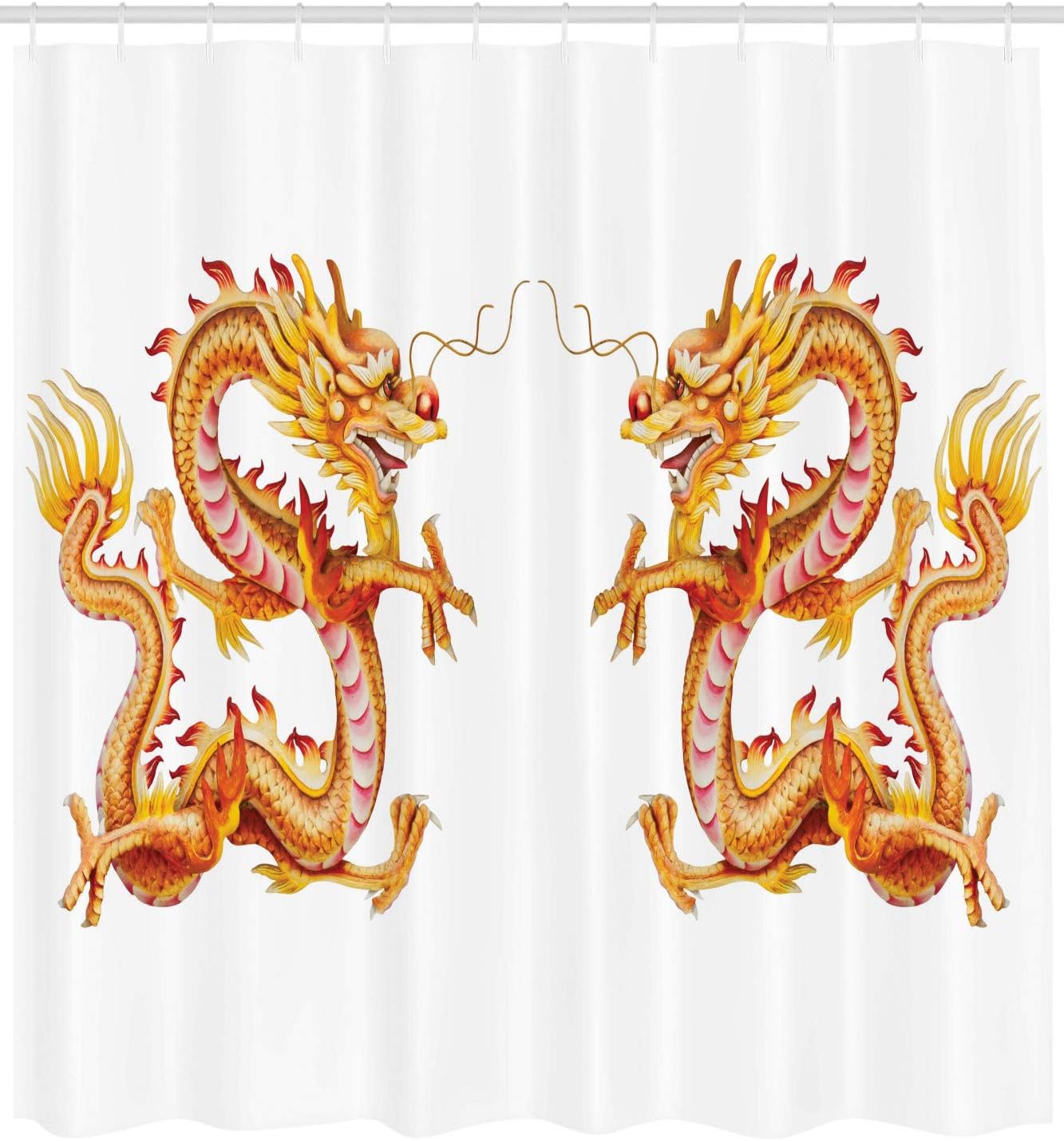 Twin Dragon Zodiac Statues Art Chinese Philosophy Shower Curtain - Vermilion Yellow, Cloth Fabric Bathroom Decors - Image 2