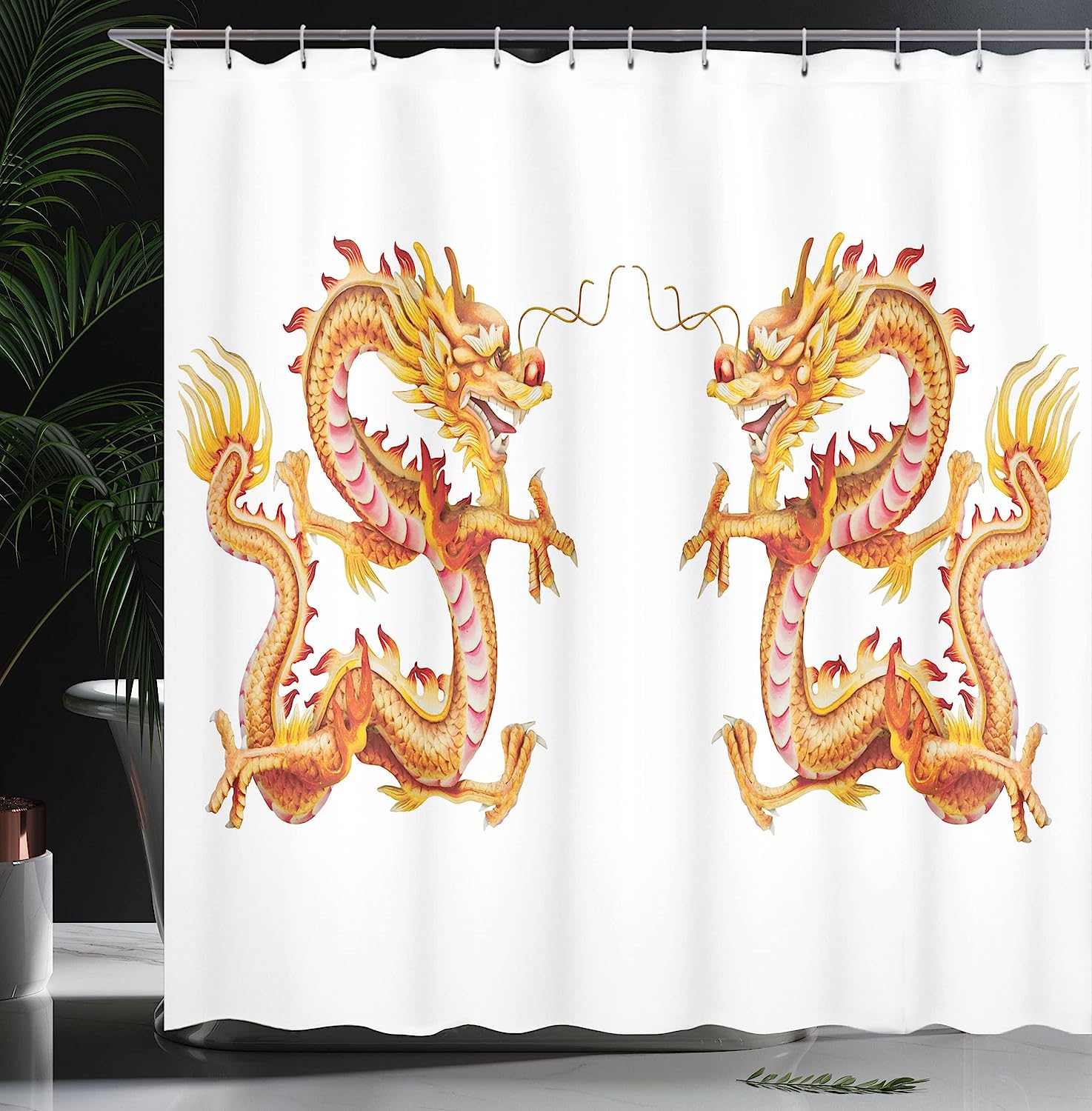 Twin Dragon Zodiac Statues Art Chinese Philosophy Shower Curtain - Vermilion Yellow, Cloth Fabric Bathroom Decors - Image 3