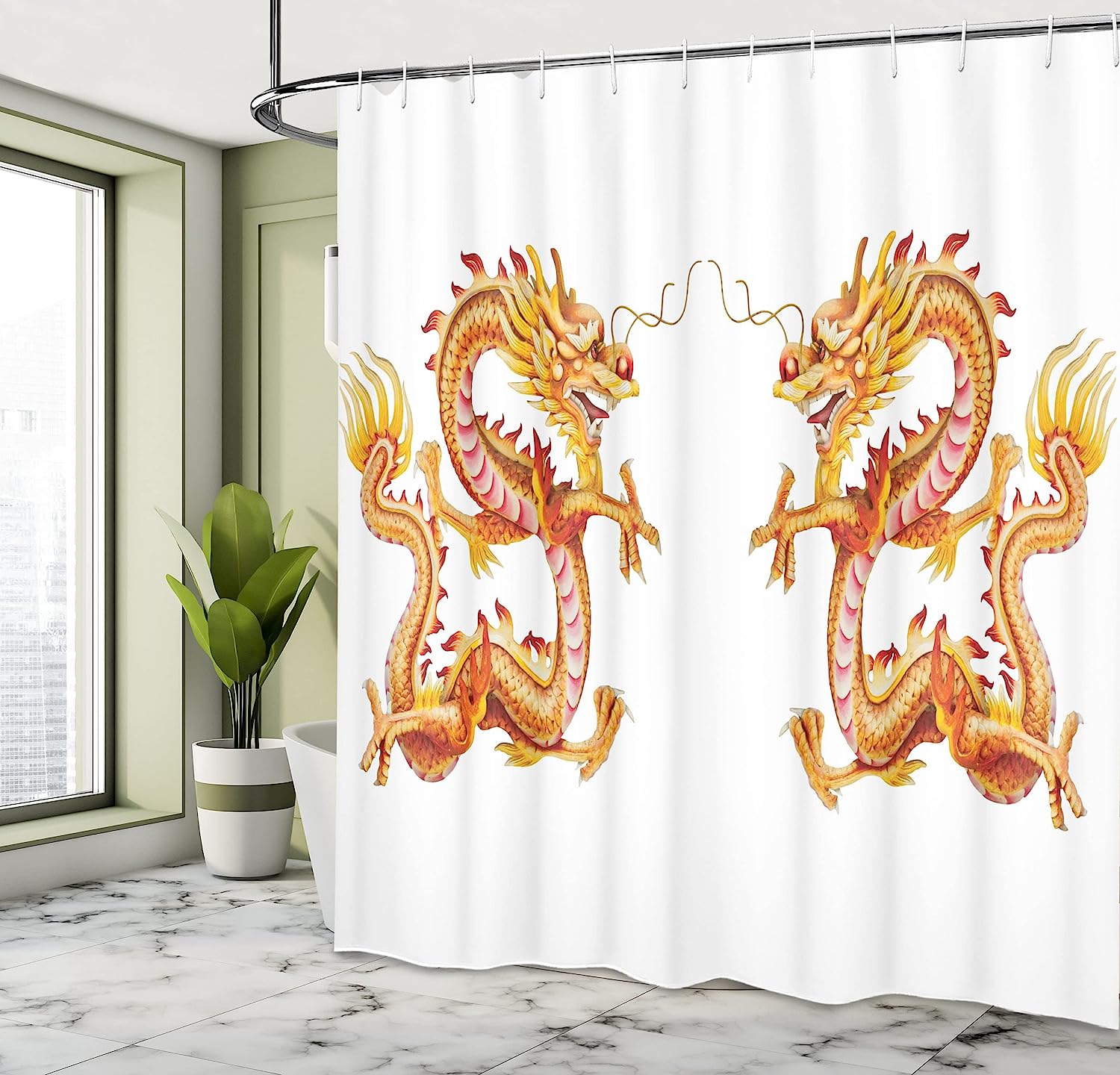 Twin Dragon Zodiac Statues Art Chinese Philosophy Shower Curtain - Vermilion Yellow, Cloth Fabric Bathroom Decors - Image 4