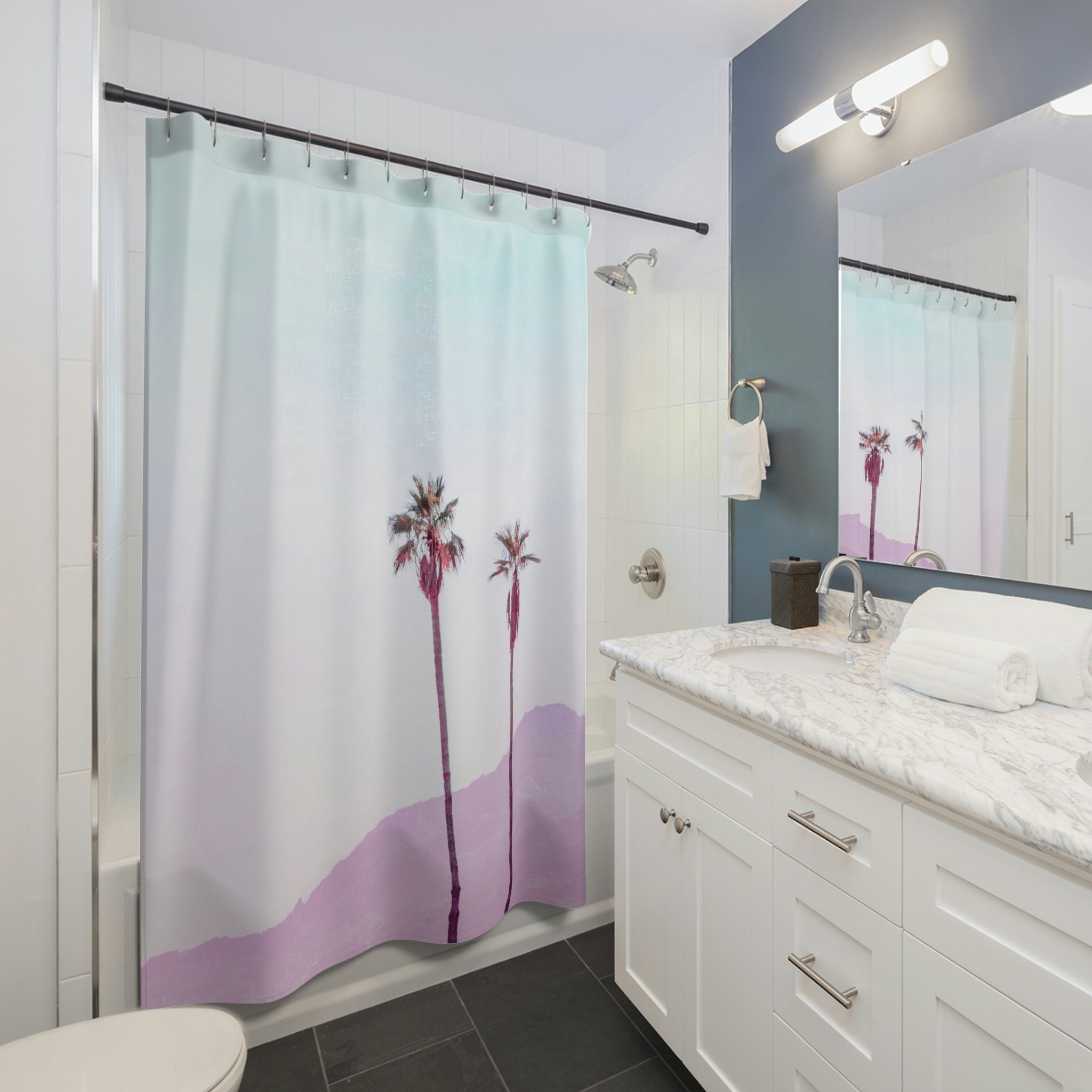 Twin Palm Trees Wanderlust Shower Curtain for a Vacation Vibe Bathroom