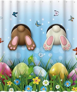 Two Bunny Rabbits Rush Into The Bathtub Spring Easter Shower Curtain By Allenjoy - Butterflies And Eggs Home Bathroom