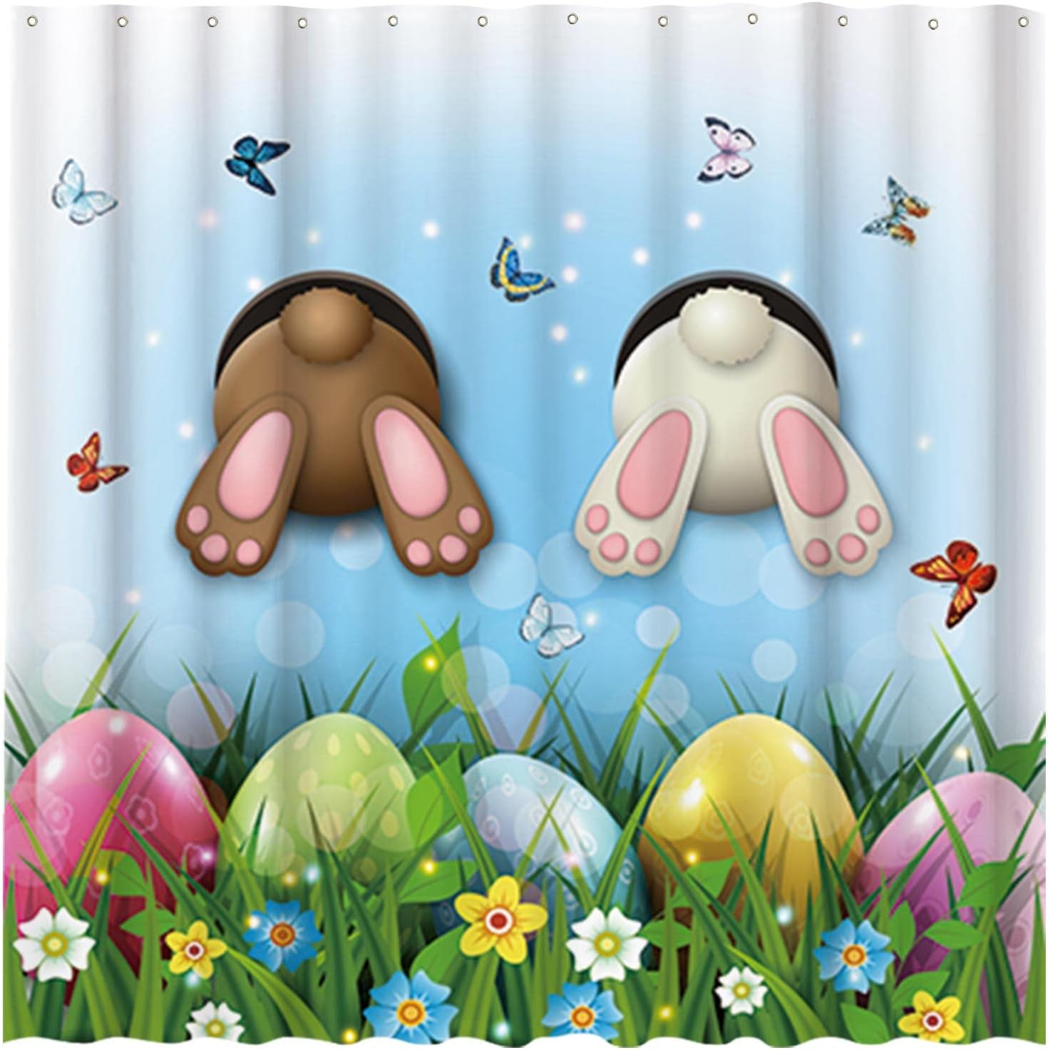 Two Bunny Rabbits Rush Into The Bathtub Spring Easter Shower Curtain By Allenjoy - Butterflies And Eggs Home Bathroom