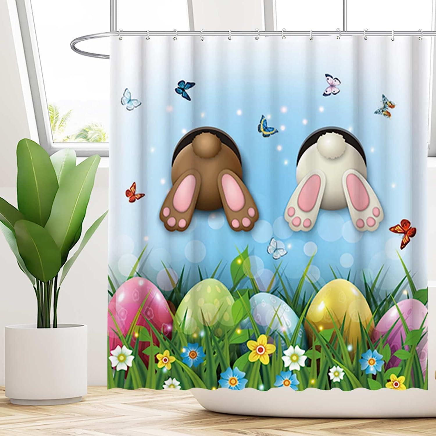 Two Bunny Rabbits Rush Into The Bathtub Spring Easter Shower Curtain By Allenjoy - Butterflies And Eggs Home Bathroom - Image 2